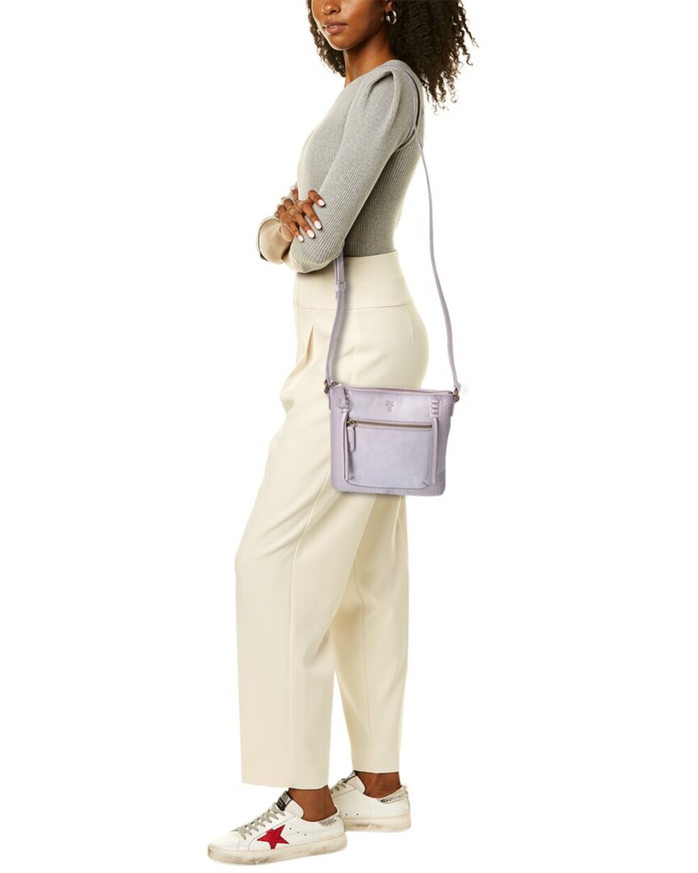 New FRYE Freya Mini Leather Crossbody Bag Lavender Gray Zip Pocket